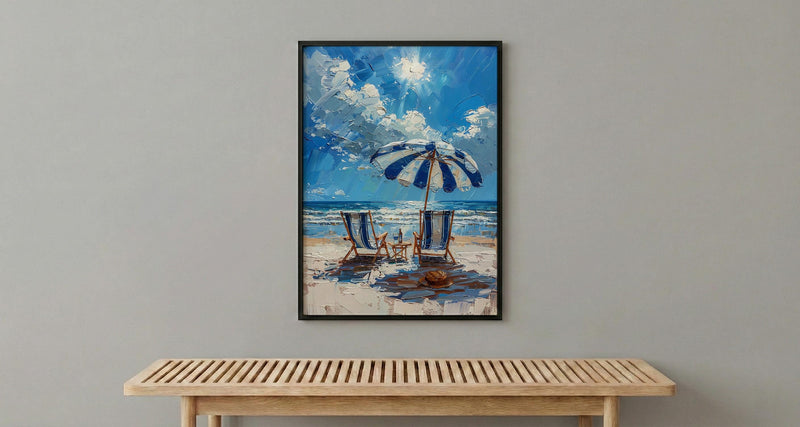 Hamptons Beach Club Art Print, Luxury Coastal Navy Decor - Striped Umbrella Pristine White Sand