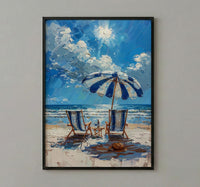 Hamptons Beach Club Art Print, Luxury Coastal Navy Decor - Striped Umbrella Pristine White Sand
