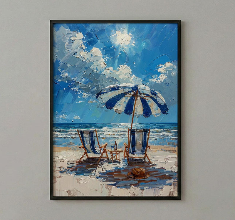Hamptons Beach Club Art Print, Luxury Coastal Navy Decor - Striped Umbrella Pristine White Sand