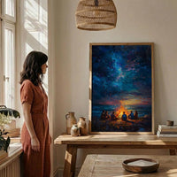 Cape Cod Bonfire Poster, Warm Summer Night Beach Decor - Glowing Orange Fire Ocean View