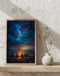 Cape Cod Bonfire Poster, Warm Summer Night Beach Decor - Glowing Orange Fire Ocean View