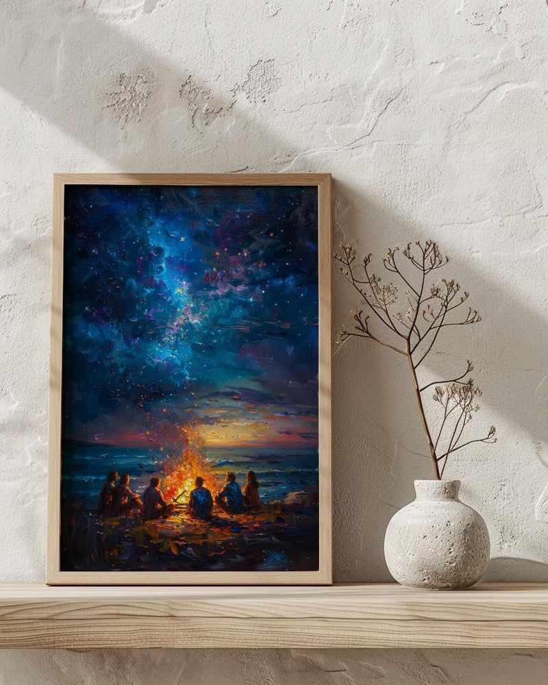 Cape Cod Bonfire Poster, Warm Summer Night Beach Decor - Glowing Orange Fire Ocean View