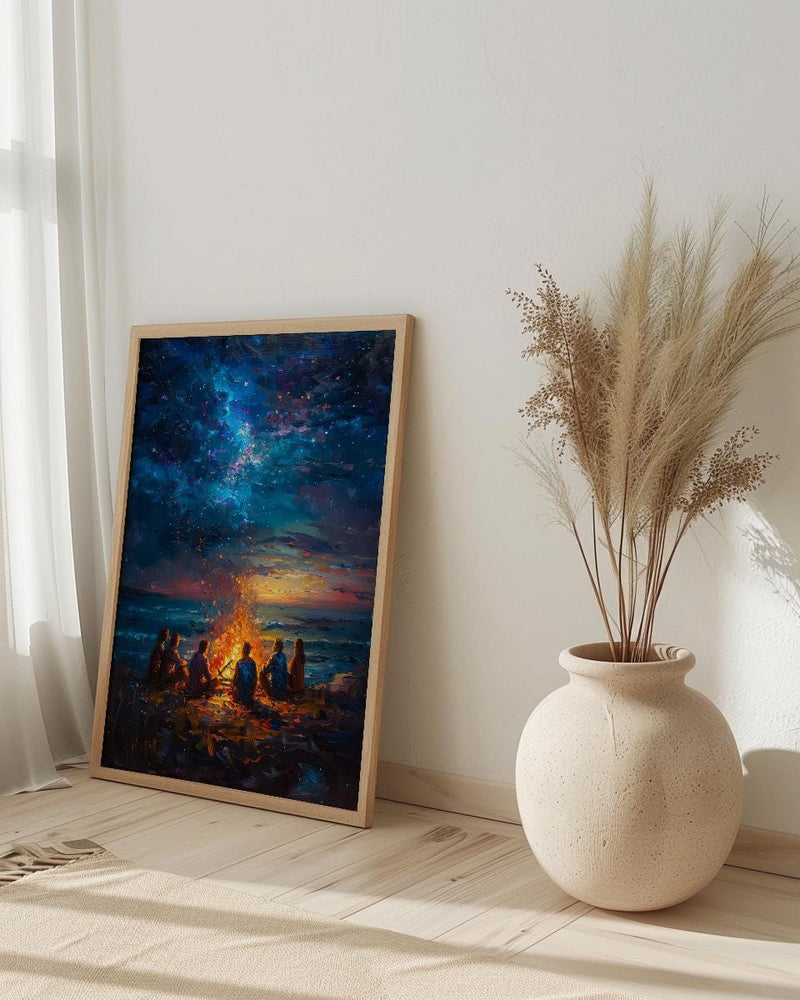 Cape Cod Bonfire Poster, Warm Summer Night Beach Decor - Glowing Orange Fire Ocean View