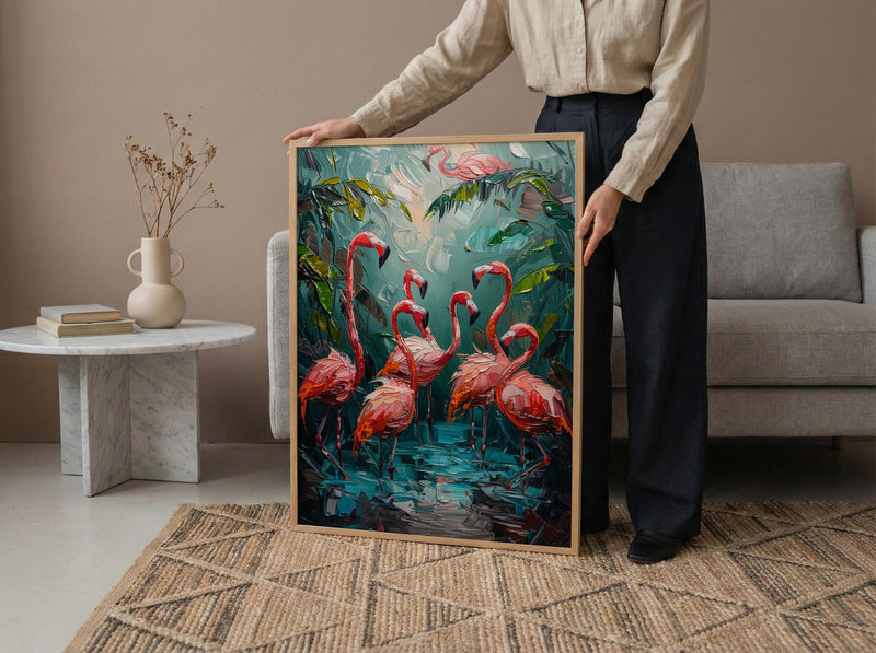 Key West Flamingo Art Print, Florida Tropical Coast Decor - Bright Pink Bird Lush Greenery