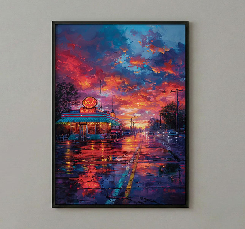 Route Sixty Six Diner Poster, Classic Americana Travel Decor - Neon Sign Summer Sunset