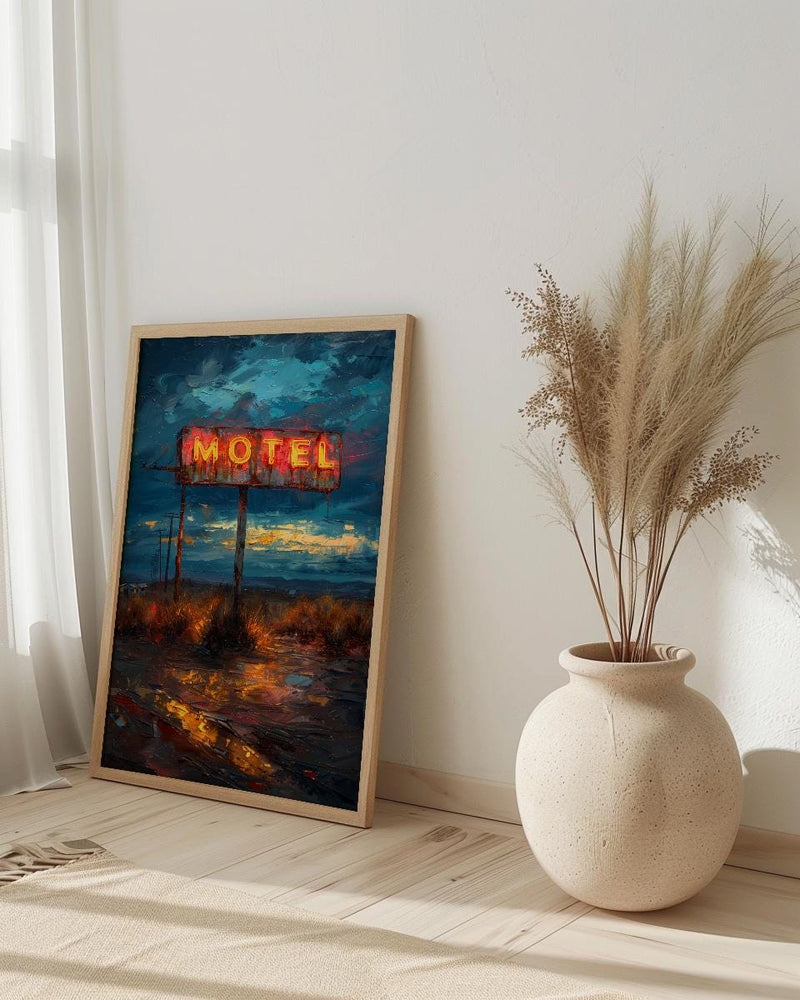 Retro Neon Motel Art Print, Vintage Americana Road Decor - Dark Blue Summer Night