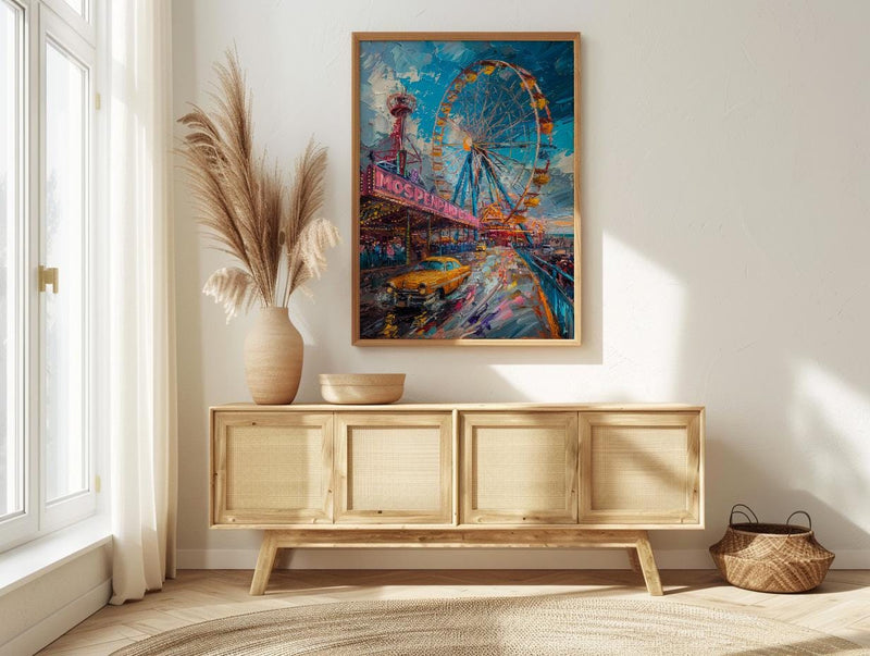 Coney Island Amusement Wall Art, Vintage New York Decor - Wooden Rollercoaster Summer Day