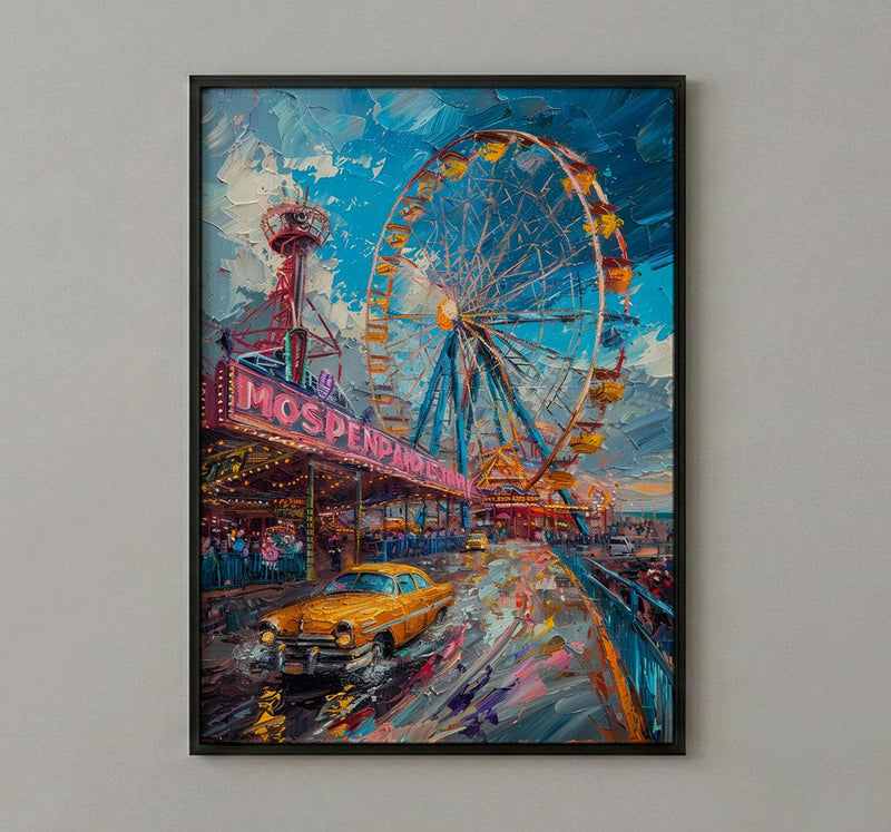 Coney Island Amusement Wall Art, Vintage New York Decor - Wooden Rollercoaster Summer Day