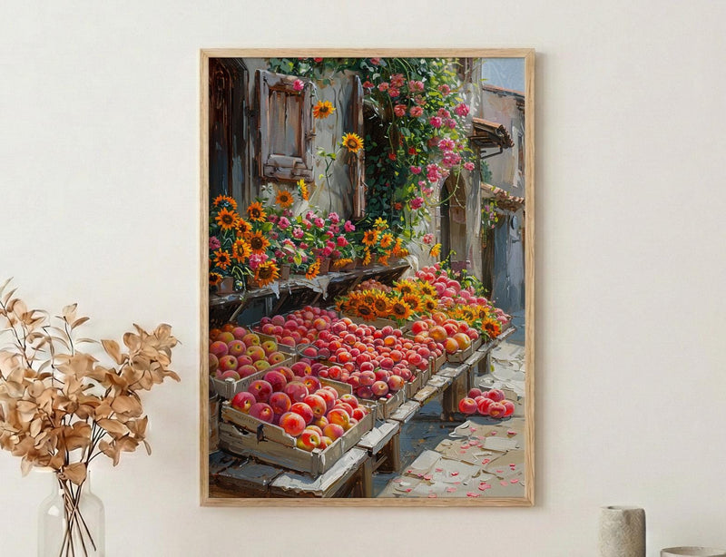 California Farmers Market Art Print, Fresh Summer Fruit Decor - Colorful Strawberry Sunflower Stand