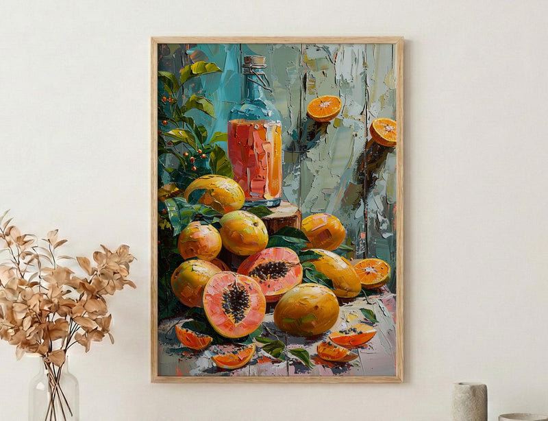 Fresh Papaya Mango Art Print, Tropical Fruit Decor - Rustic Wooden Table Summer Sunshine
