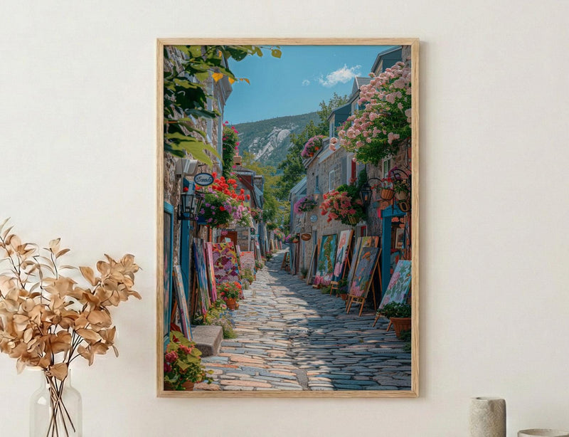 Quebec City Art Market Print, Historic Canadian Street Decor - Colorful Easel Summer View
