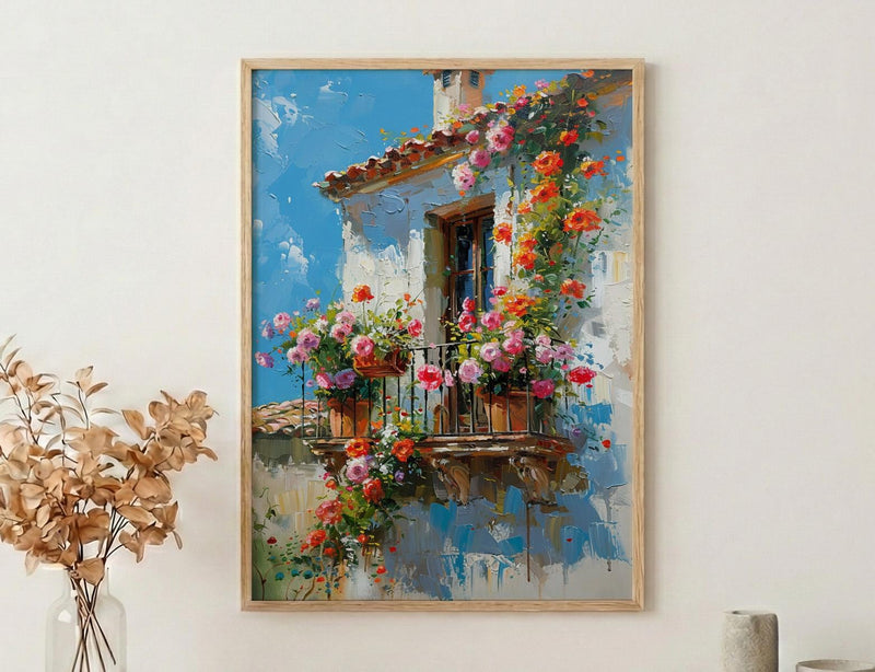 Colonial Balcony Art Print, Wrought Iron Floral Decor - Terracotta Pot Vibrant Summer Flower