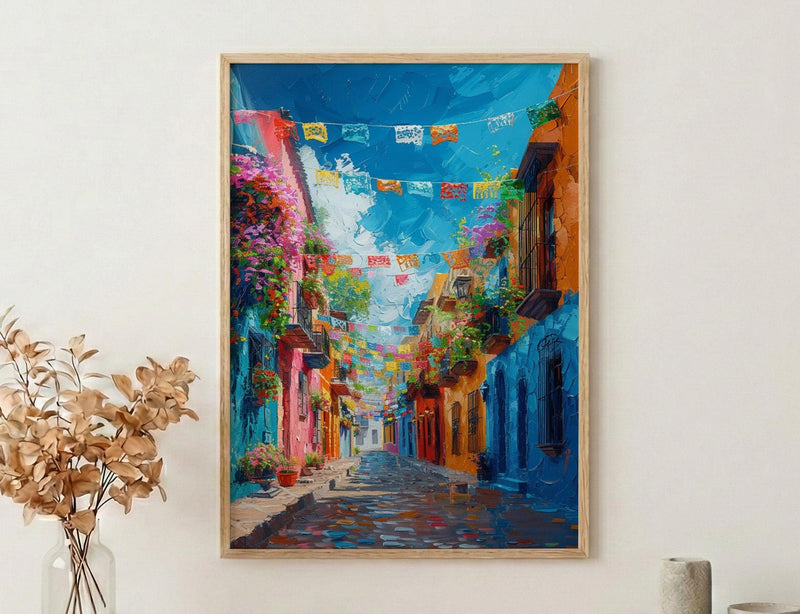 Papel Picado Street Art Print, Festive Mexico Decor - Colorful Flag Cobblestone Summer Vibe