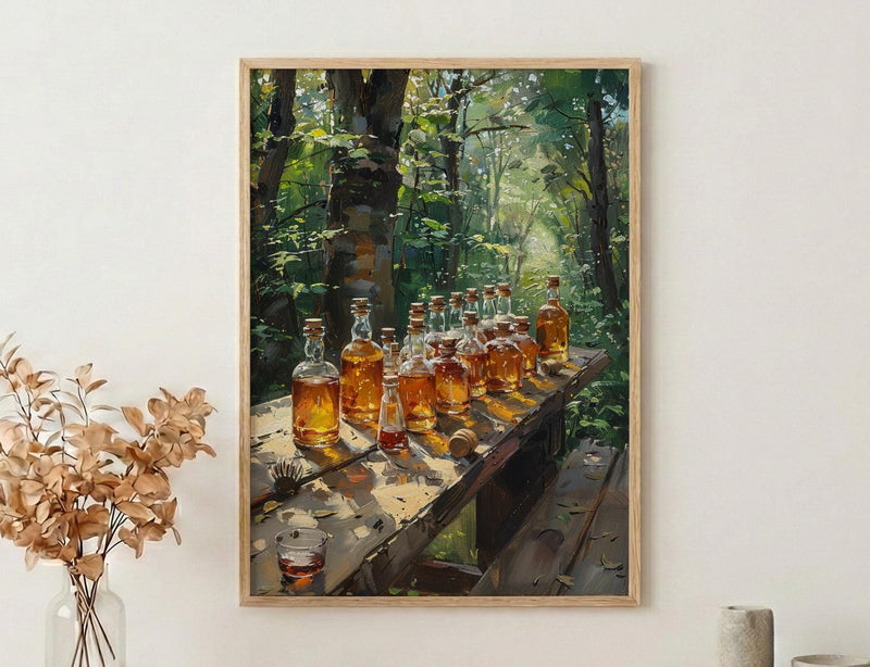 Canadian Maple Syrup Art Print, Green Forest Nature Decor - Rustic Wooden Table Summer View