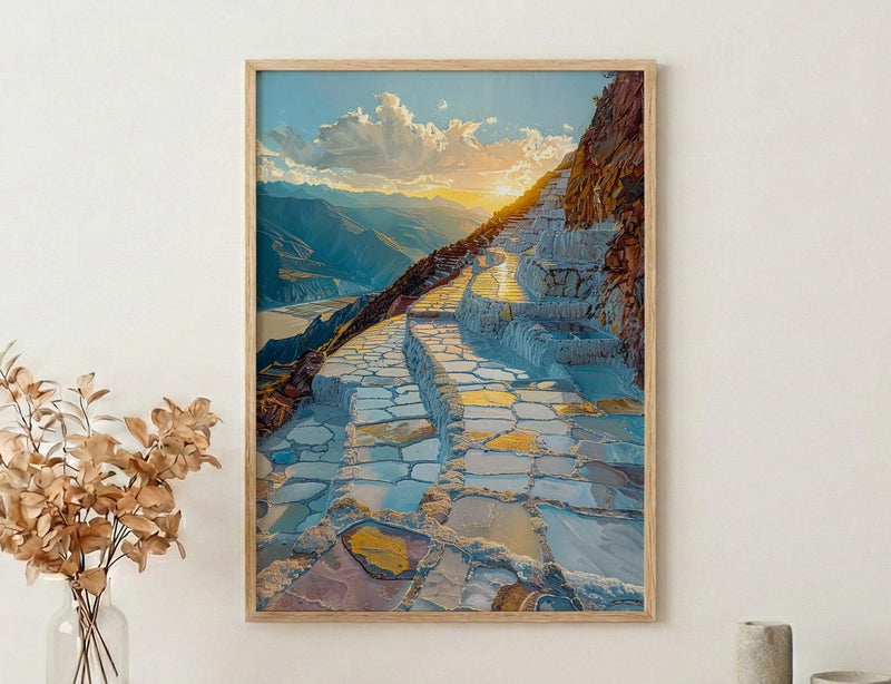 Maras Salt Mine Art Print, Peru Mountain Decor - White Terraced Pond Summer Sun