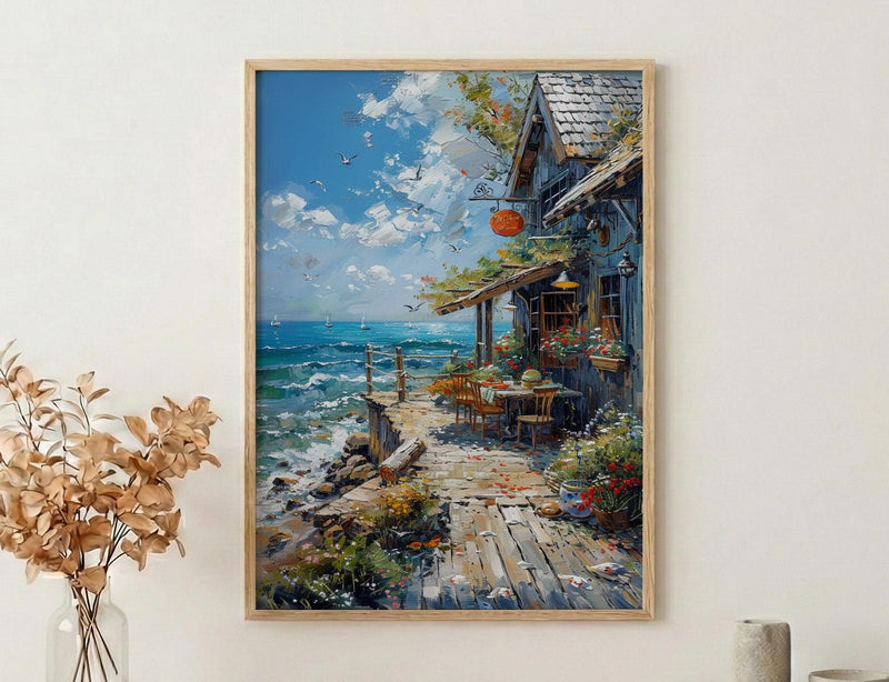 Maine Lobster Roll Art Print, Coastal Seafood Travel Decor - Rustic Wooden Shack Summer View