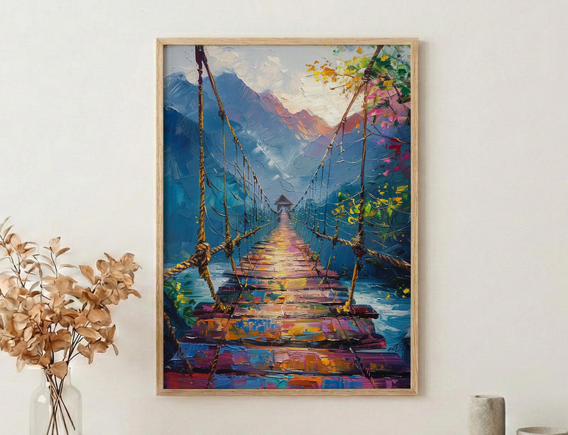 Inca Hanging Bridge Wall Art, Peru Canyon Decor - Woven Grass Rope Summer Sun