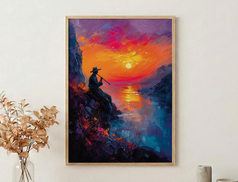 Andean Flute Player Poster, Mountain Sunset Room Decor - Vibrant Orange Purple Sky Silhouette