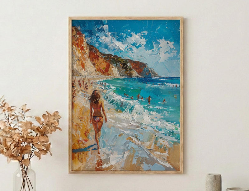Malibu California Wall Art, Golden Coastal Ocean Beach Decor - Bright Crashing Summer Surf View