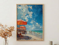 Florida Clearwater Beach Art Print, Pristine White Sand Decor - Colorful Umbrella Summer Ocean Scene