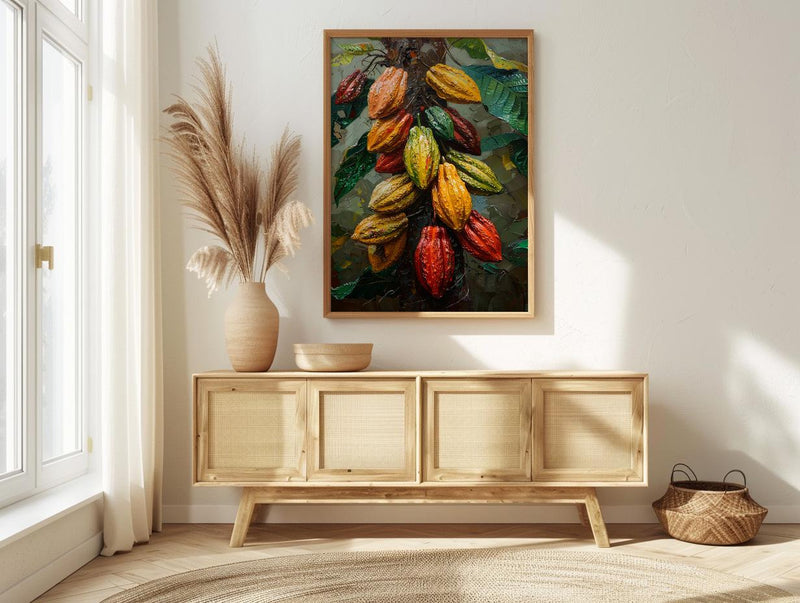 Cacao Pod Tree Wall Art, Exotic Nature Decor - Red Yellow Fruit Summer Jungle