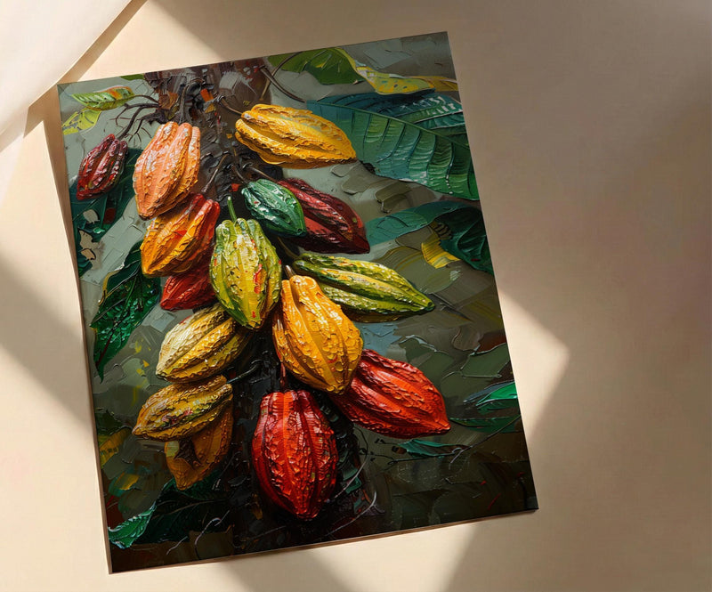Cacao Pod Tree Wall Art, Exotic Nature Decor - Red Yellow Fruit Summer Jungle