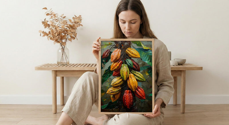 Cacao Pod Tree Wall Art, Exotic Nature Decor - Red Yellow Fruit Summer Jungle