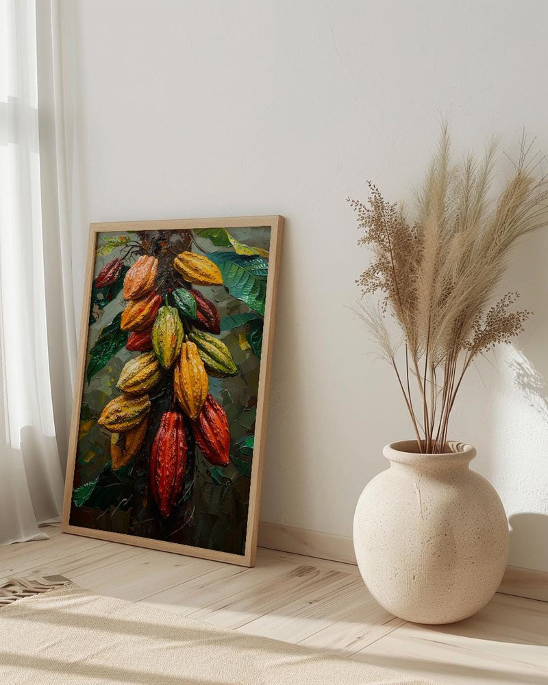 Cacao Pod Tree Wall Art, Exotic Nature Decor - Red Yellow Fruit Summer Jungle