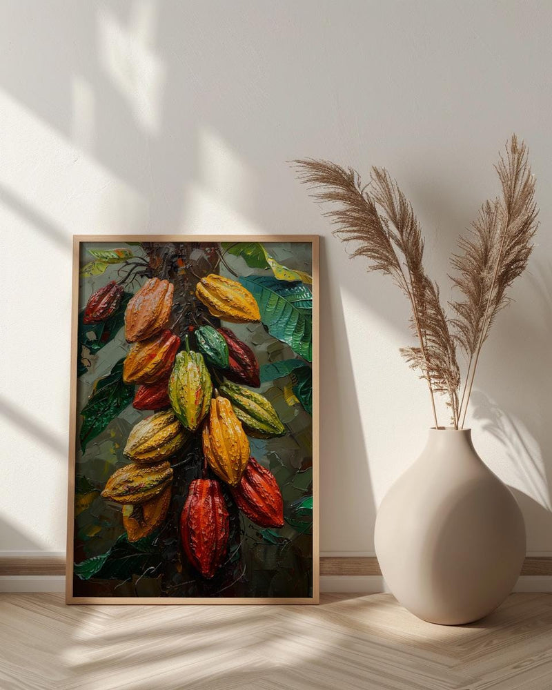 Cacao Pod Tree Wall Art, Exotic Nature Decor - Red Yellow Fruit Summer Jungle