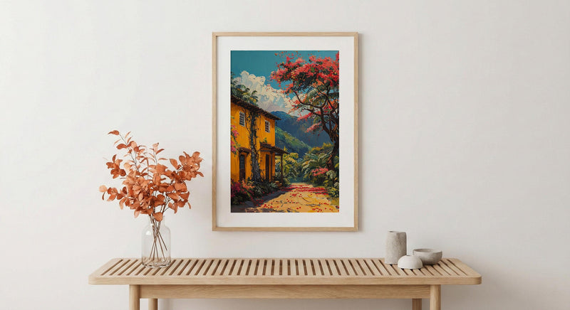 Colombia Coffee Bean Poster, South America Farm Decor - Vibrant Red Brown Summer Sun