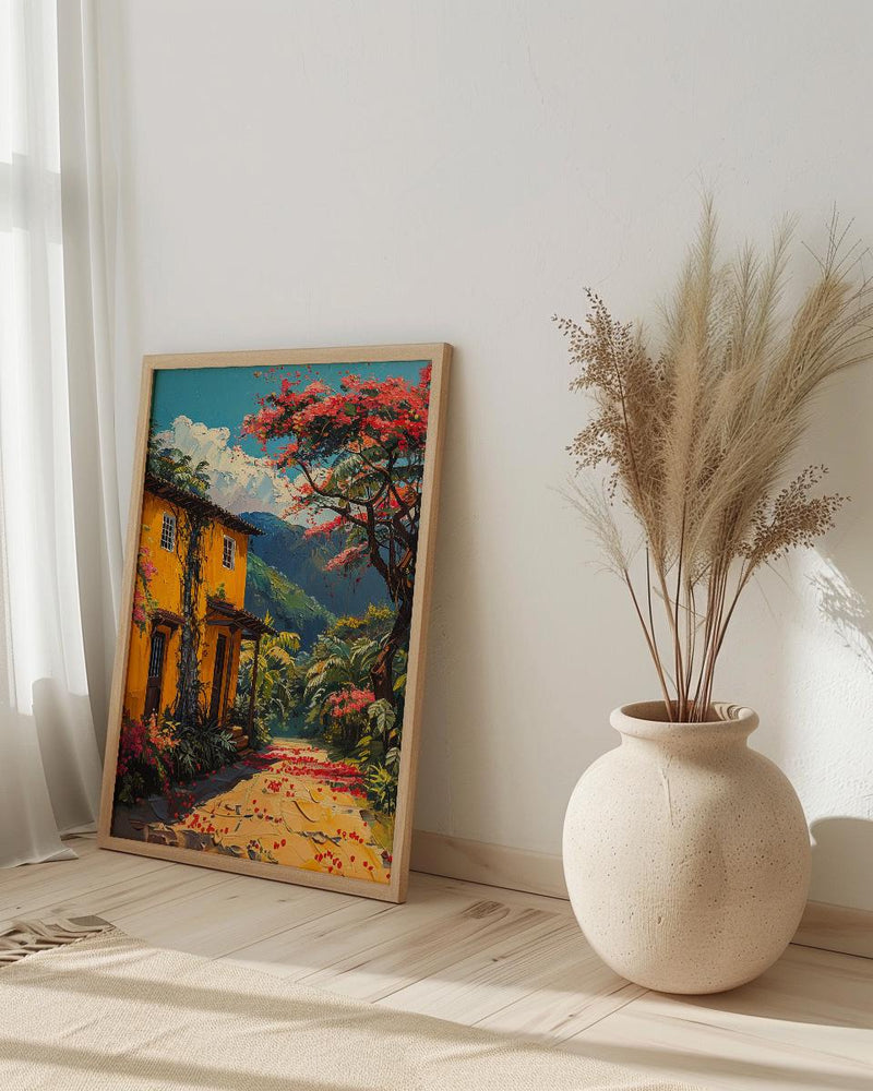 Colombia Coffee Bean Poster, South America Farm Decor - Vibrant Red Brown Summer Sun