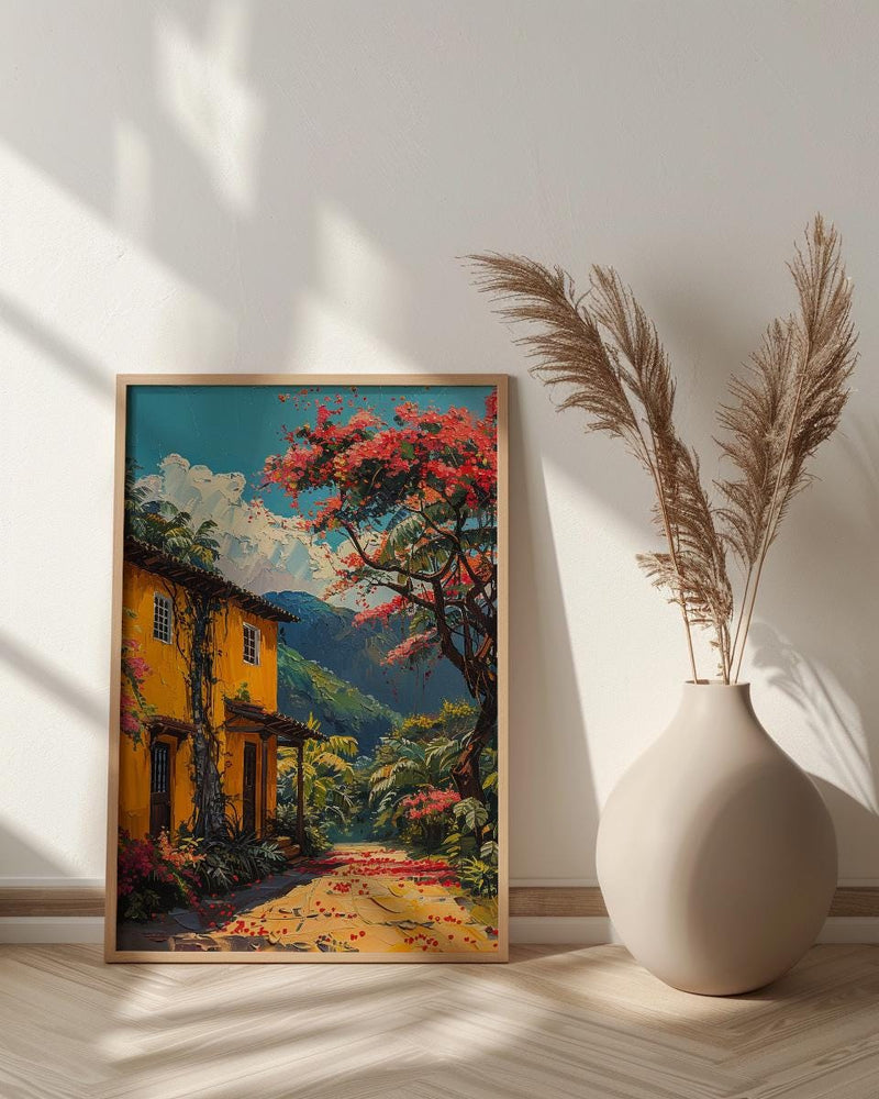 Colombia Coffee Bean Poster, South America Farm Decor - Vibrant Red Brown Summer Sun