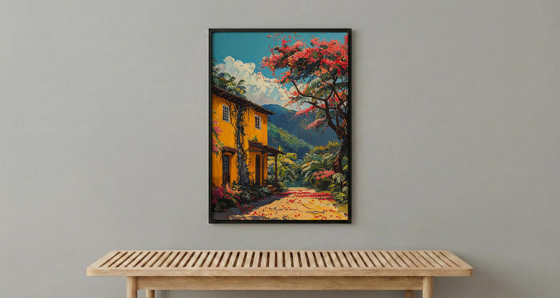 Colombia Coffee Bean Poster, South America Farm Decor - Vibrant Red Brown Summer Sun