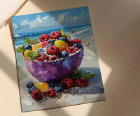 Tropical Acai Bowl Art Print, Beach Food Decor - Fresh Purple Fruit Summer Sand