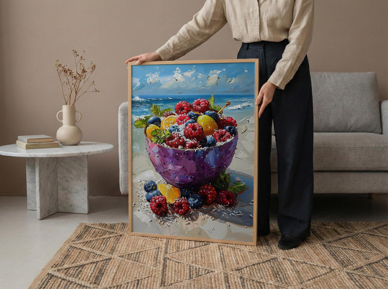 Tropical Acai Bowl Art Print, Beach Food Decor - Fresh Purple Fruit Summer Sand