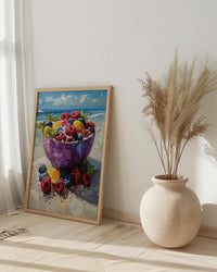 Tropical Acai Bowl Art Print, Beach Food Decor - Fresh Purple Fruit Summer Sand