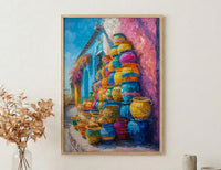 Mercado Woven Basket Poster, Latin America Craft Decor - Colorful Handmade Market Summer Light