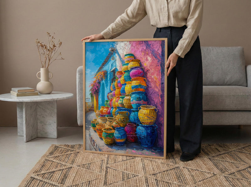 Mercado Woven Basket Poster, Latin America Craft Decor - Colorful Handmade Market Summer Light
