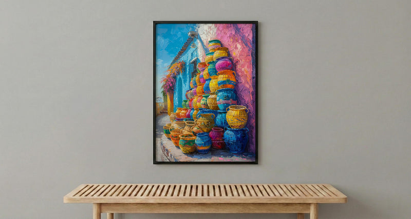 Mercado Woven Basket Poster, Latin America Craft Decor - Colorful Handmade Market Summer Light