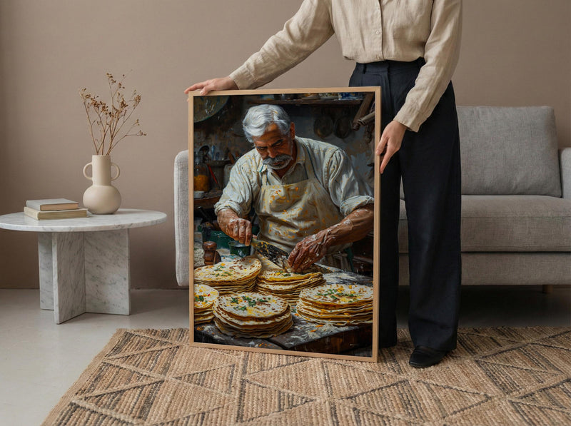 Making Fresh Tortilla Art Print, Mexican Food Decor - Rustic Griddle Warm Summer Evening