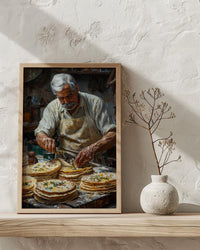 Making Fresh Tortilla Art Print, Mexican Food Decor - Rustic Griddle Warm Summer Evening