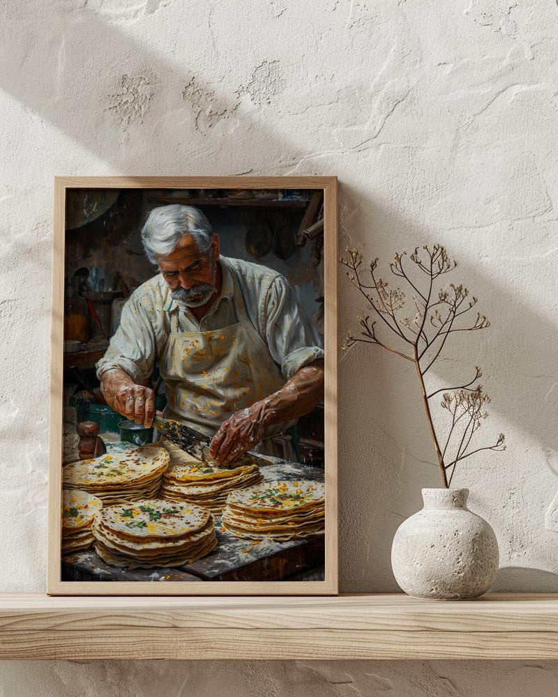Making Fresh Tortilla Art Print, Mexican Food Decor - Rustic Griddle Warm Summer Evening