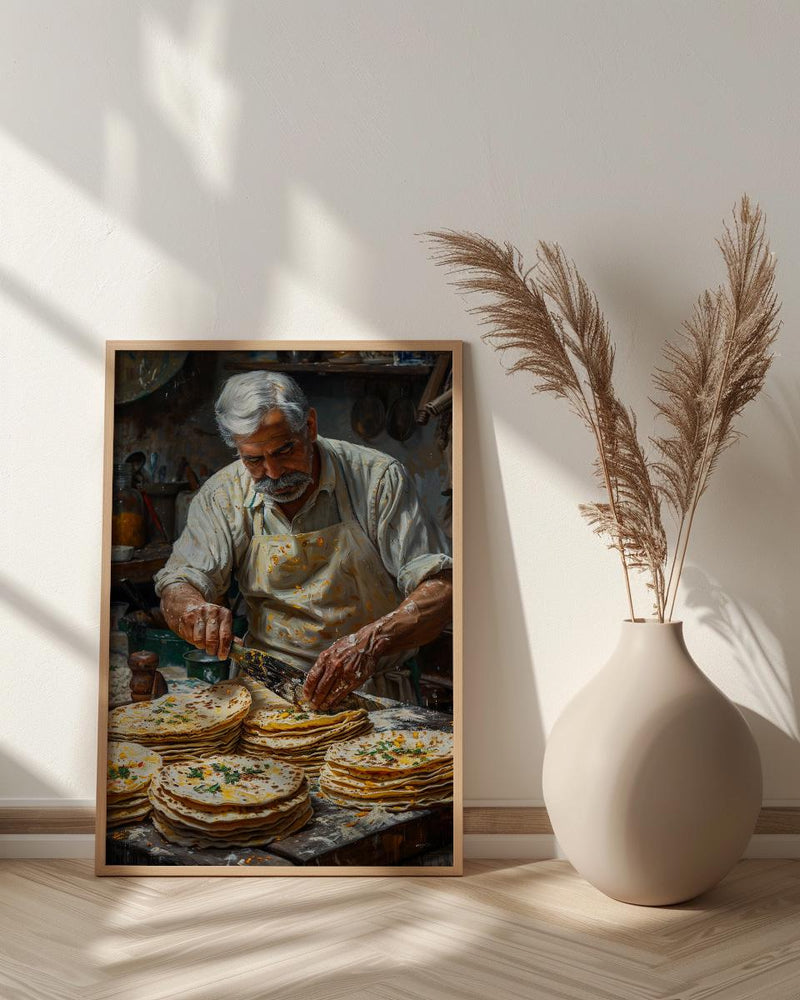 Making Fresh Tortilla Art Print, Mexican Food Decor - Rustic Griddle Warm Summer Evening