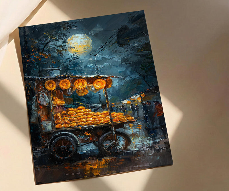 Golden Empanada Street Art Print, Latin Food Decor - Warm Evening Lantern Summer Cart