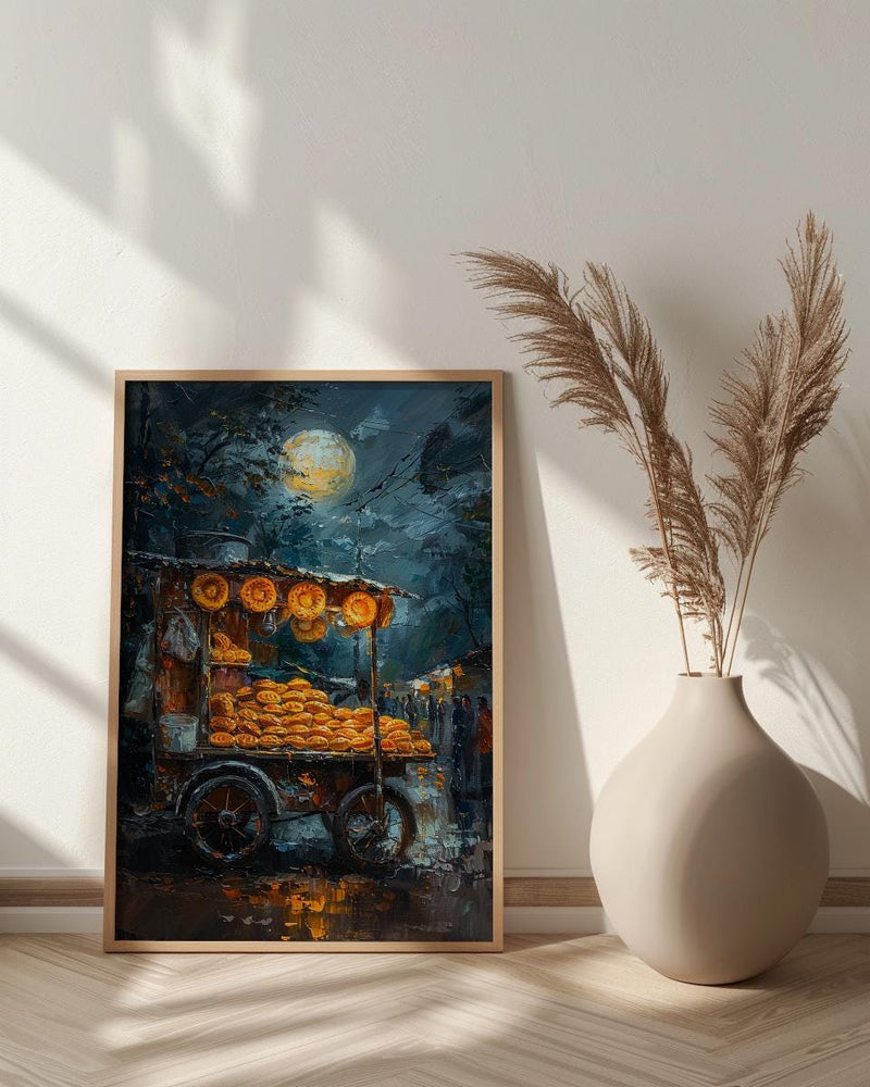 Golden Empanada Street Art Print, Latin Food Decor - Warm Evening Lantern Summer Cart