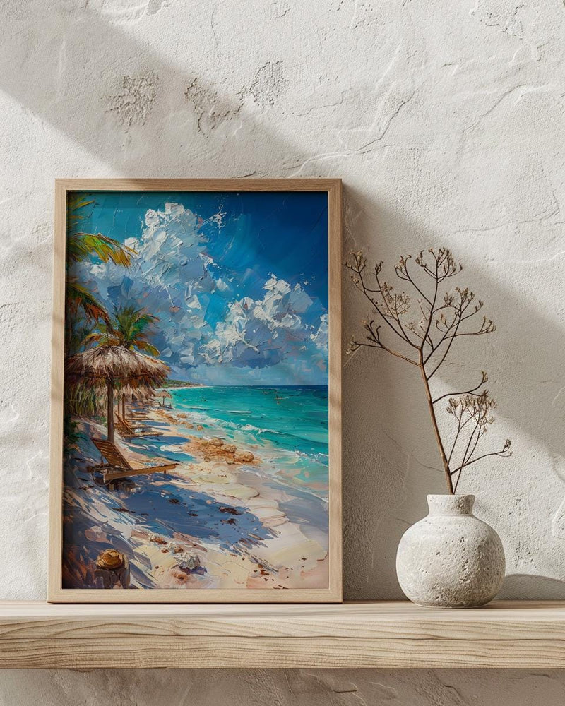 Tulum Boho Beach Club Poster, Tropical Mexico Coast Decor - White Sand Turquoise Water