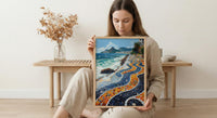 Copacabana Mosaic Walkway Wall Art, Rio Beach City Decor - Bright Blue Ocean Scene