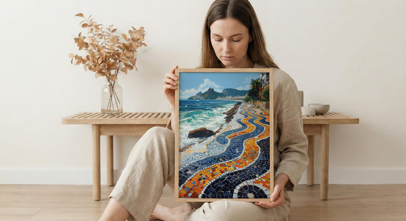Copacabana Mosaic Walkway Wall Art, Rio Beach City Decor - Bright Blue Ocean Scene