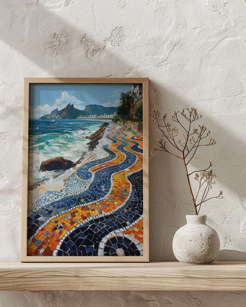 Copacabana Mosaic Walkway Wall Art, Rio Beach City Decor - Bright Blue Ocean Scene