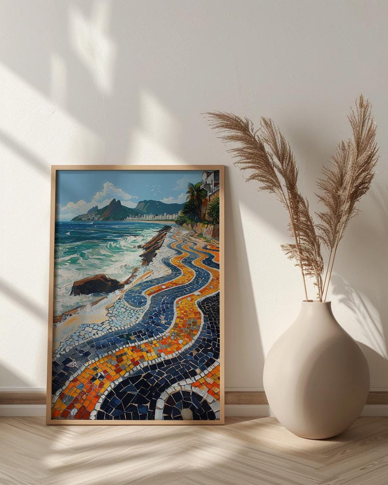 Copacabana Mosaic Walkway Wall Art, Rio Beach City Decor - Bright Blue Ocean Scene